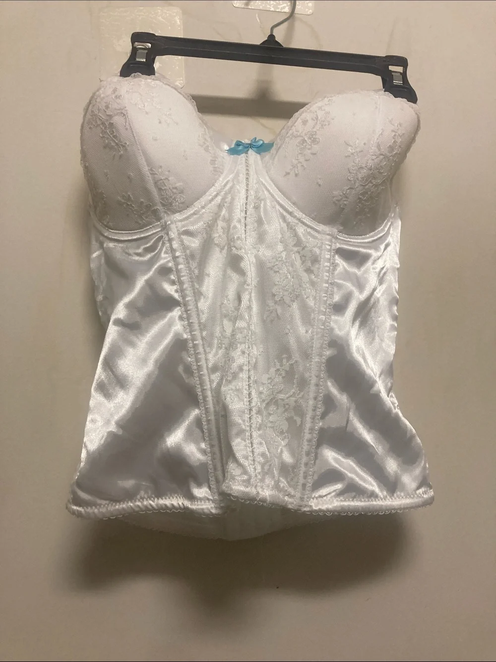 SMART & SEXY/White Satin Lace Bustier with Blue Accent Bow